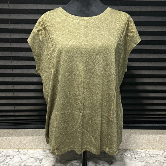 Studio B Women’s Metallic Olive Green Embroidered Shoulder Cap Sleeve Tee XL - Picture 1 of 8